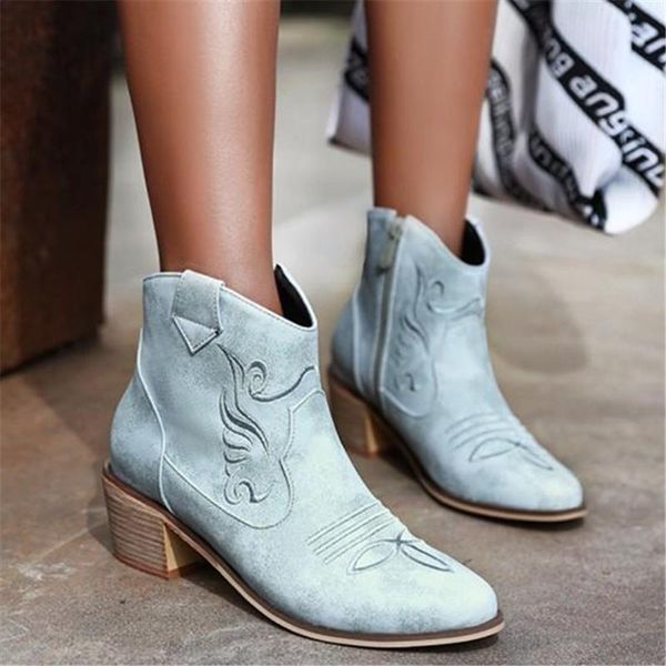 

boots 2021 cowboys woman pointed toe shoes chunky heels embroidery zapatos de mujer retro ankle botas big size pumps, Black