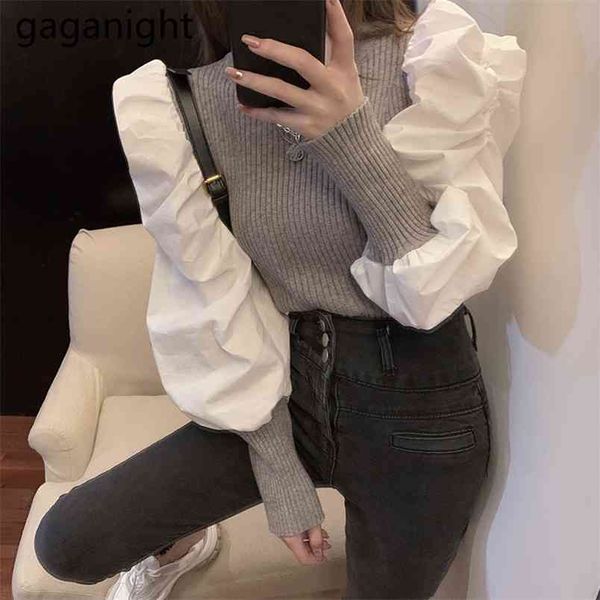 

fashion patchwork women sweater spring autumn lady korean pullover puff long sleeve sweaters casual loose pull femme 210601, White