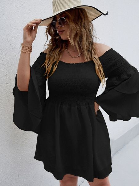 

plus bardot shirred layered flounce sleeve dress 91vc#, Black