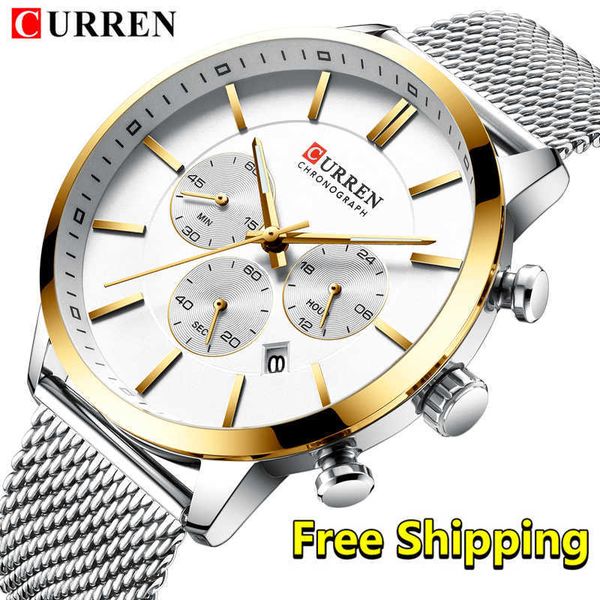 

curren men watches luxury brand fashion men's wrist watches stainless steel chronograph business men watch relogio masculino 210527, Slivery;brown