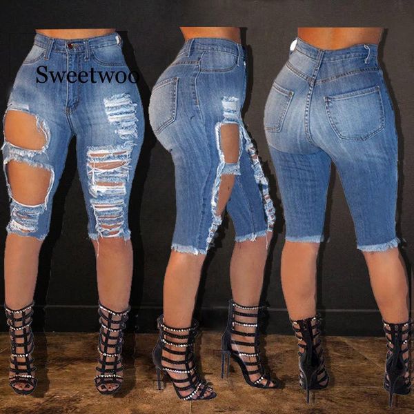 

women's jeans women hole destroyed ripped distressed slim denim pants blue color shinny fashion