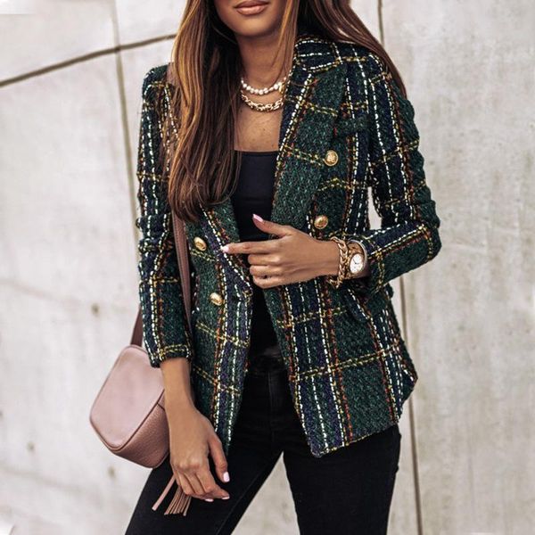 

women's suits & blazers thin suit lady long-sleeved blazer casual double-breasted check slim fit office elegant chic jacket streetcoat, White;black