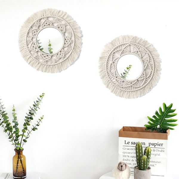 Decoração boêmia feito à mão Macrame Macrame Tapestry Wall Boho Espelho decorativo para sala de estar