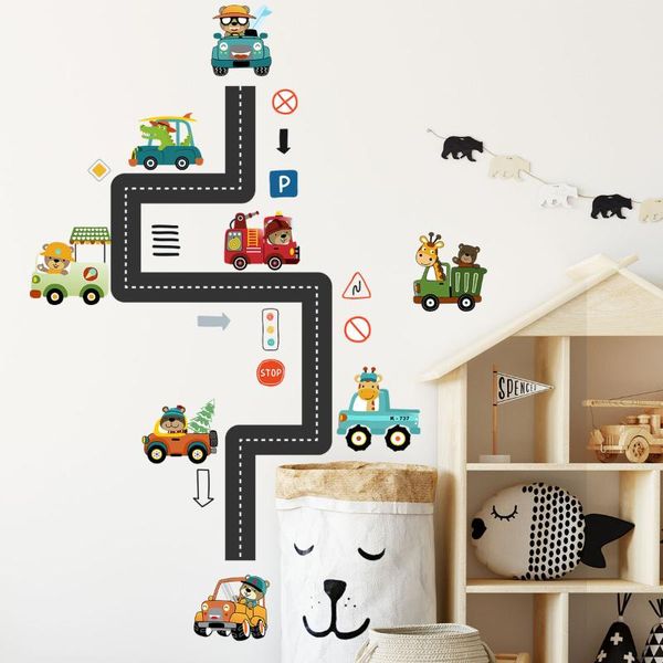 

wall stickers cartoon animal car for kids room living bedroom diy road decor removable art mural home