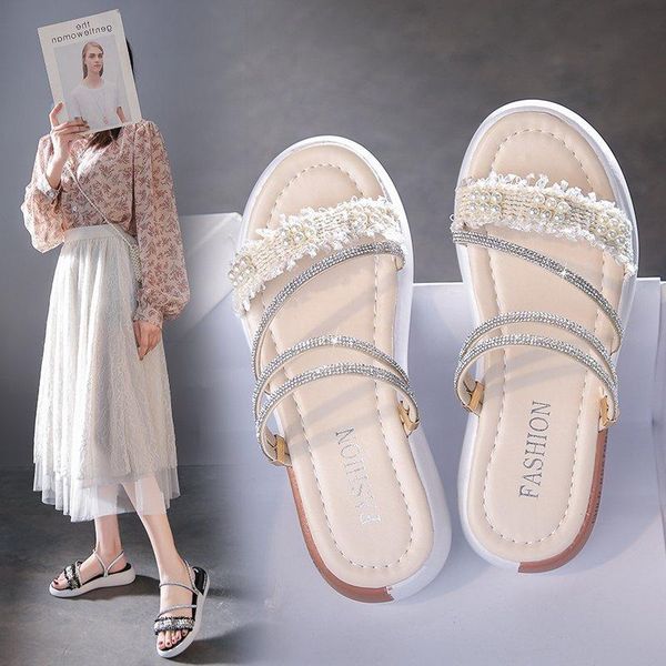 

slippers women summer flat shoes female string bead pantofle lady slides fashion low 2021 girl luxury fabric rubber rome hoof he, Black