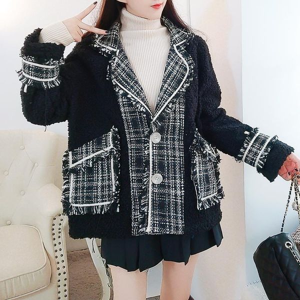 

women's jackets [ewq] autumn winter swetet female o neck with jacket stitching single breasted loose multi pocket cotton lamb fur woole, Black;brown