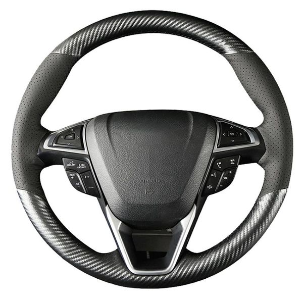 

steering wheel covers black carbon fiber genuine leather hand-stitched car cover for mondeo fusion 2013-2021 edge 2021-2021