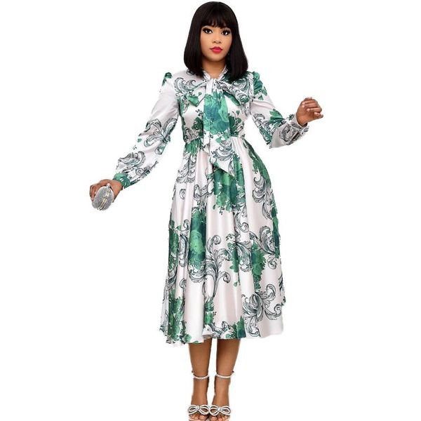 

casual dresses elegant african for women female long sleeve bow collar dress sukienka flower printed a-line satin vestidos, Black;gray