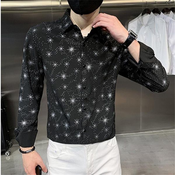 

men's casual shirts men's black social fashion print slim fit luxury white shirt for men long sleeve dress vetement homme de marqu, White;black