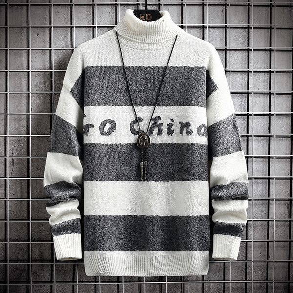 

men's sweaters striped turtleneck sweater, thick and loose warm, christmas, , winter, 2021, White;black