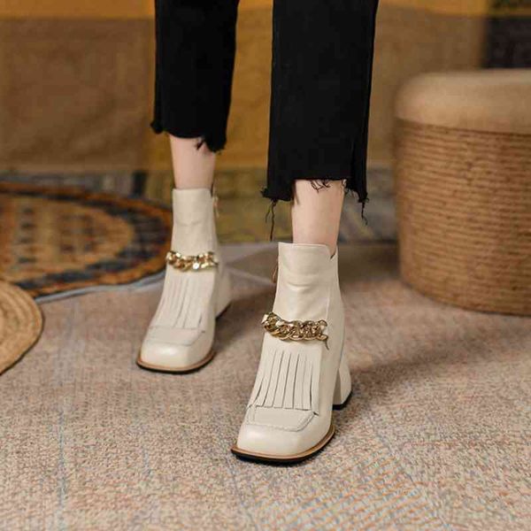 

dress shoes fall women square toe chunky heel boots black cute winter leather tassel modern hl7l