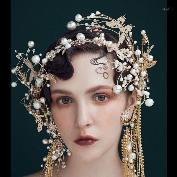 

fashion headdress earrings fairy tiaras butterfly pearl bead chain tassels model show studio po shoot decoration accessories1
