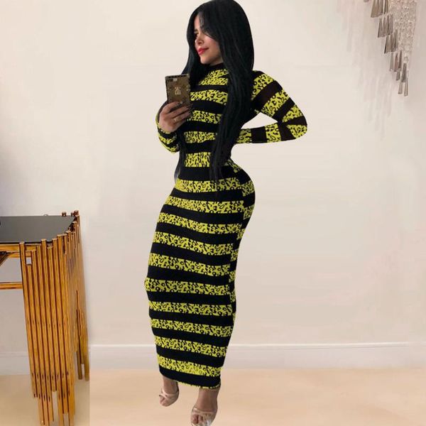 

leopard striped printed maxi dresses for women 2021 elegant long sleeve party club christmas bandage bodycon dress robe femme casual, Black;gray