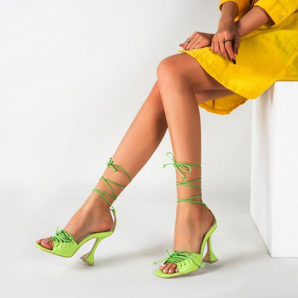 

women high heels sandals women's fashion open-toe ankle-strap ladies lace-up shoes fluorescent green #g3, Black