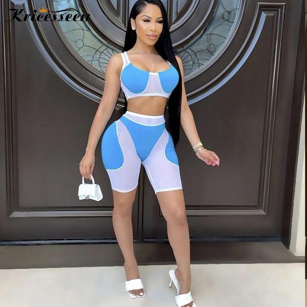 

kricesseen mesh patchwork shorts set women sleeveless and high waist suits see through sportwear 2 piece outfits women's tracksuits, Gray