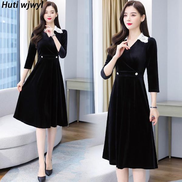 

spring autumn vintage gold velvet warm vestidos 3xl plus size women fashion runway dress lady party black hepburn casual dresses, Black;gray