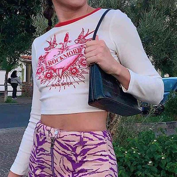 

women long sleeve short t shirts spring cool graphic letters print o-neck casual slim brief crop trousers suit, White