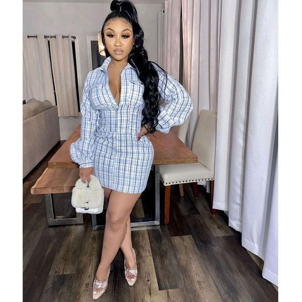 

fall plaid bodycon dress for women fashion shirt-neck lantern sleeve zip low-cut streetwear night club dresses casual, Black;gray