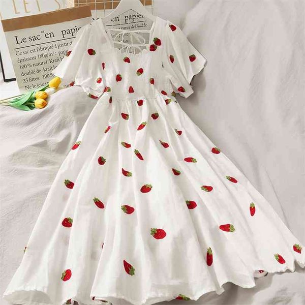 Kawaii Kleid Frauen Erdbeere Drucken Hohe Taille Kleider Sommer Koreanische Chic Nette Weiße Robe Casual Y2k Vestidos Mujer 210519