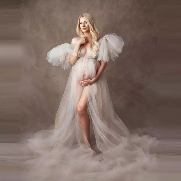 

elegant soft tulle sleepwear maternity dresses sleeveless puffy long see through custom made robes for pgraphy, White