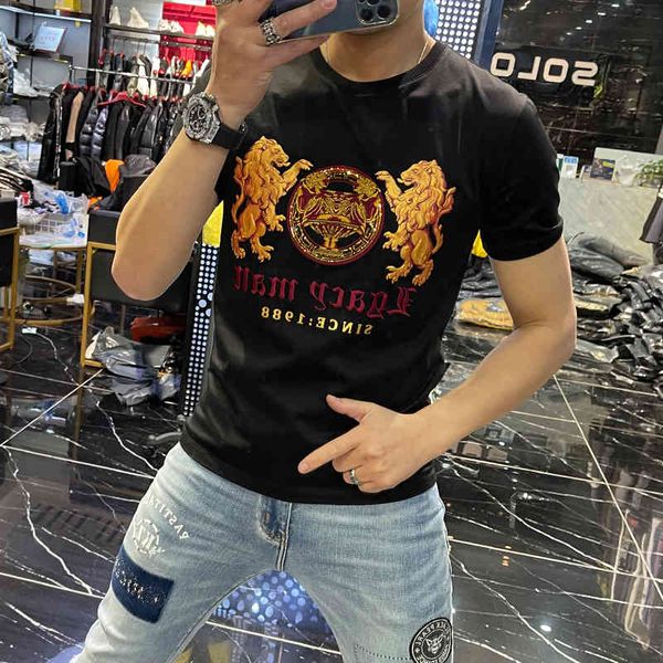 

tee 2021 fashion embroidered letter short sleeve print around neck sweater for men harajuku shirt homme will see top, White;black