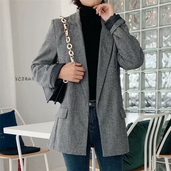 

open stitch ol gray blazers women fashion notched collar long sleeve office lady outerwear casual casaco femme 210430, White;black