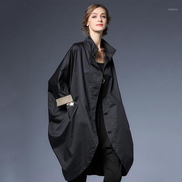 

women's trench coats 2021 spring loose mid-length black coat plus size casual long outwear windbreaker, Tan;black