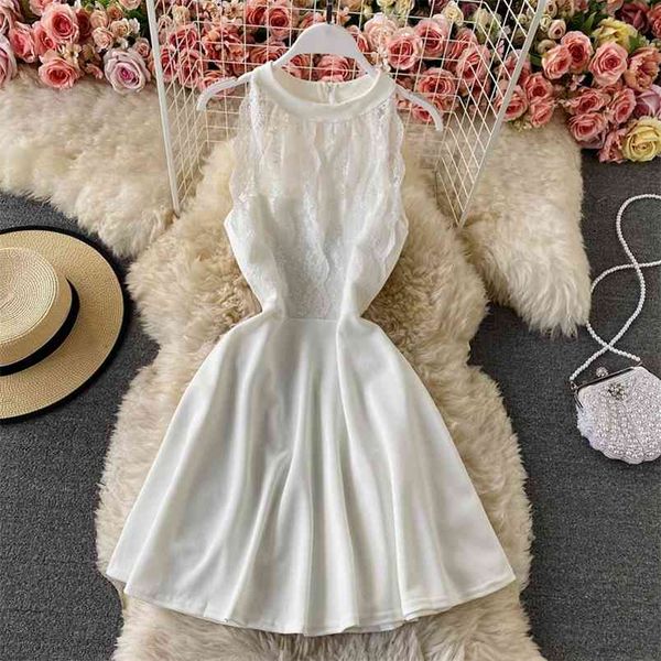 

women's summer fashion sleeveless hanging neck empire lace splicing a-line mini dress d077 210506, Black;gray