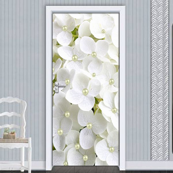 2 pz/set PVC autoadesivo 3D adesivo rimovibile per porta fiore bianco perla carta da parati porta del soggiorno Decor 3D adesivo da parete 210317