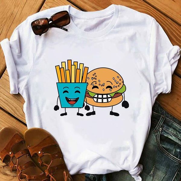 

fries and hamburgers loose kawaii women t shirt o neck short sleeve shirts girls tees graphic 90s fashion, White