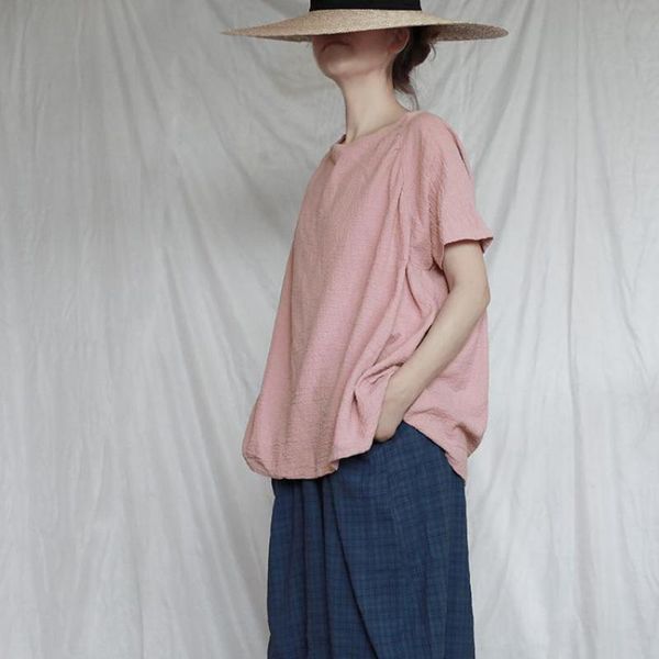 

johnature women casual korean cotton linen irregular pullover summer solid color o-neck short sleeve female t shirt 210521, White