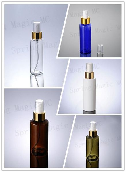 

storage bottles & jars 50pcs 100ml clear/white/brown/blue/light green pet with gold ring sprayer,empty plastic travel portable perfume