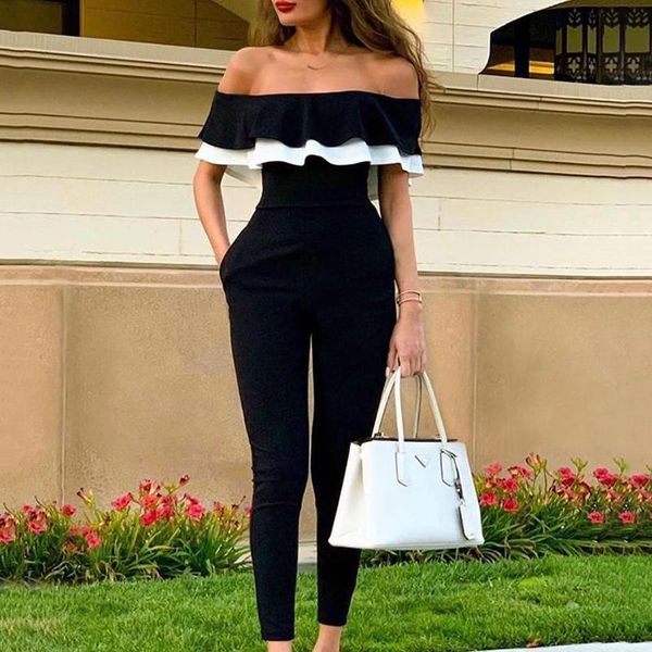 

women's jumpsuits & rompers off shoulder ruffle jumpsuit women deep slash neck slim summer office work wear elegant ladies playsuite, Black;white