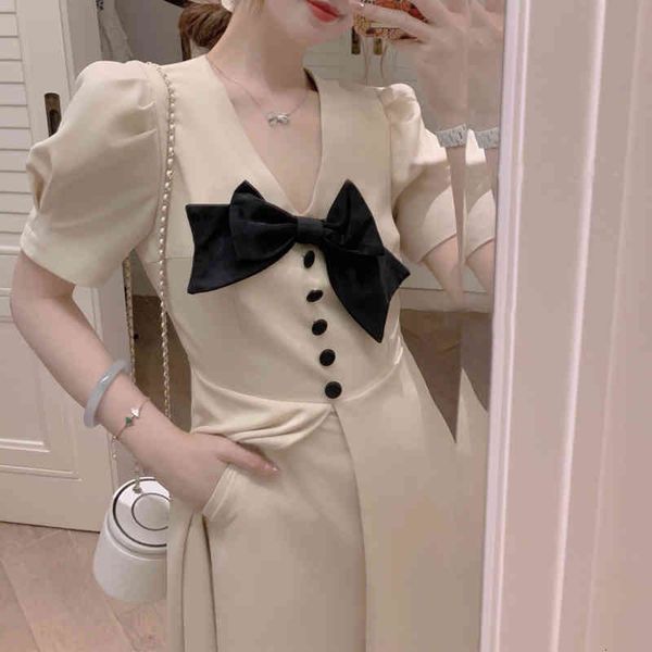 

casual dresses summer elegant women's party korean style bow vintage midi dress females short sleeve v-neck design 4v2r, Black;gray