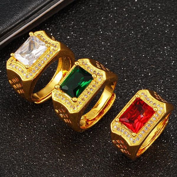 

real 24k gold color size ring for male wedding middle east dubai jewelry with red white green natural stone cluster rings, Golden;silver