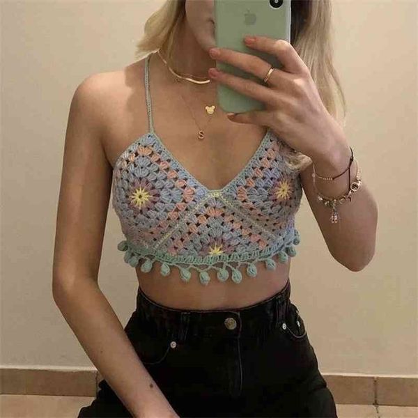 

flower knitted v-neck printed vest camisole summer women casual wild home clothing streetwears 210524, White