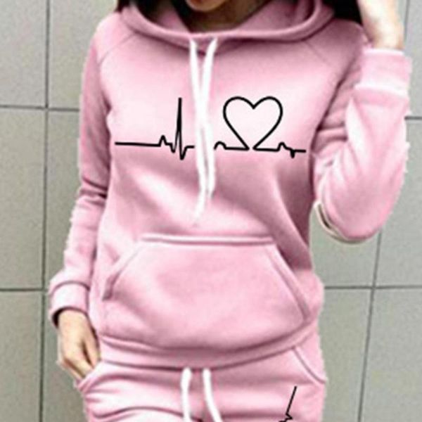 

women's two piece pants 2pcs/set tracksuit heart print thick warm breathable solid color hoodie suit wide leg set for women daily wear, White