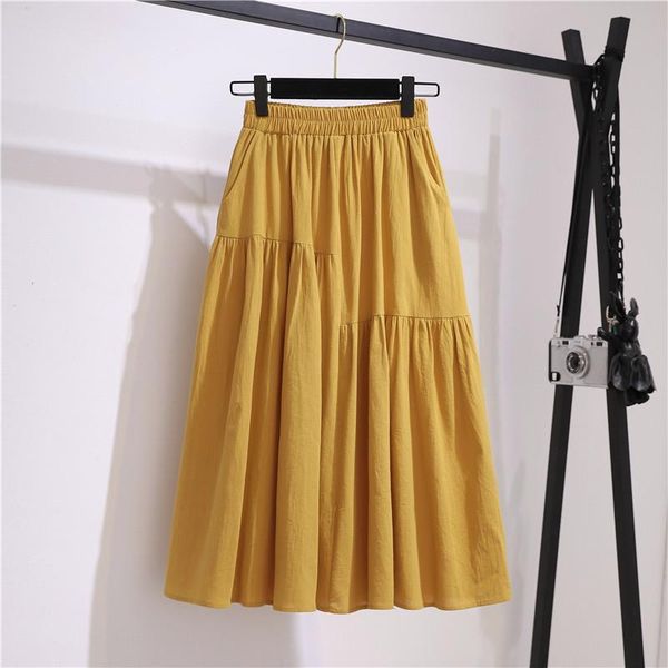 

summer cotton linen skirt yellow pockets elastic waist vintage solid girl a-line skirts womens school midi pleated female, Black