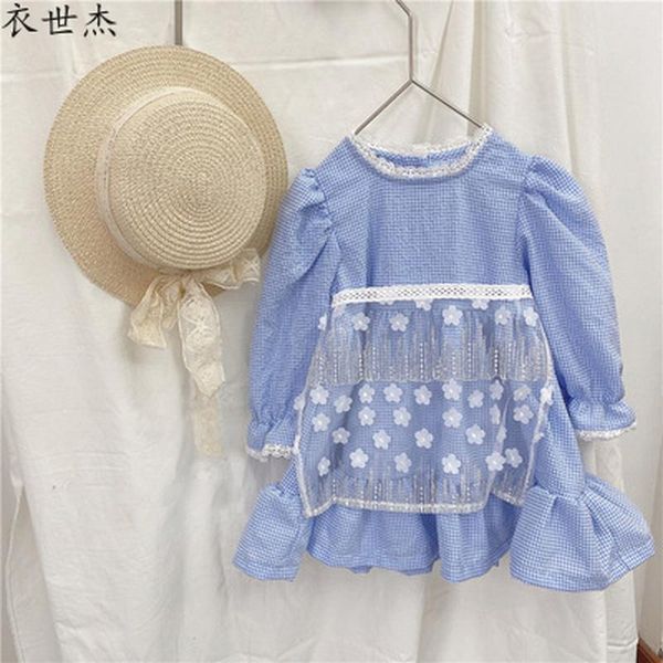 

fresh blue checked dress 2021 girl baby lace collar korean long skirt girl's dresses, Red;yellow