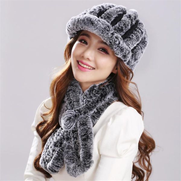 

hats, scarves & gloves sets good elastic genuine rex fur hats women winter warm knitted muffler caps, Blue;gray