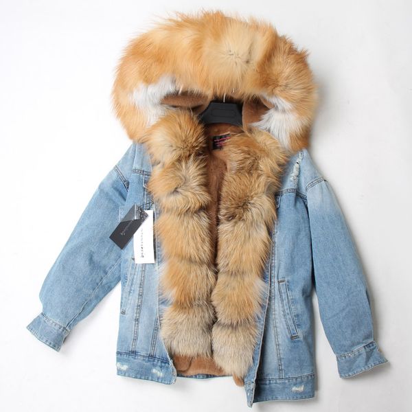 

denim jacket natural fox fur collar detachable lining park coat women winter clothes, Black