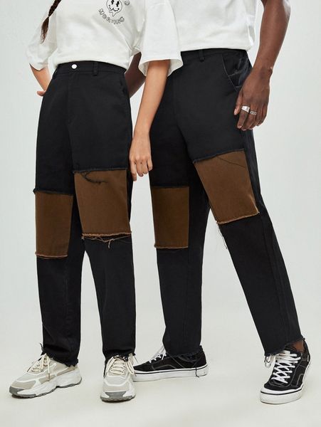 

men 1pc raw hem patched detail pants n0b3#, Black