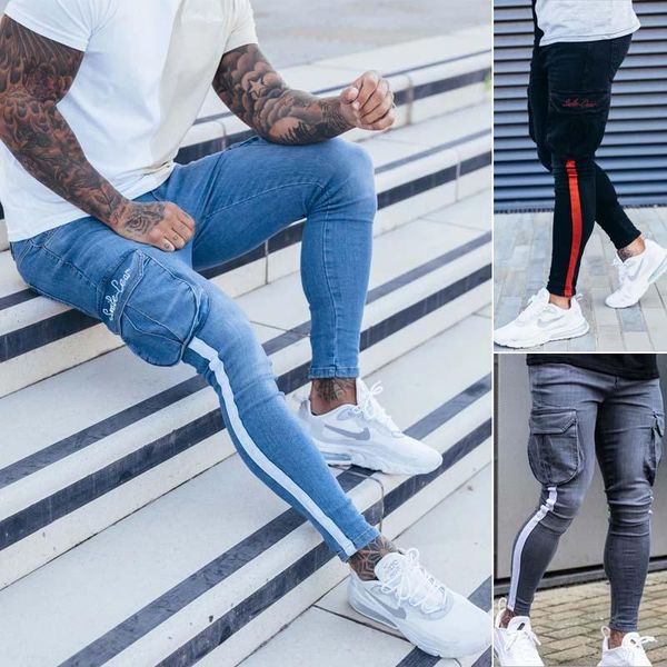 

fashion men skinny jeans slim fit pants stretchy blue black long men's