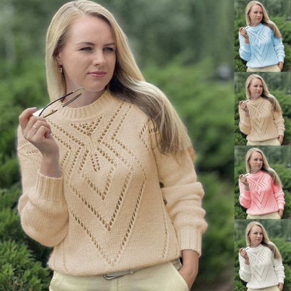 

2021 autumn winter leisure diamond hollow round neck long sleeved sweater, White;black