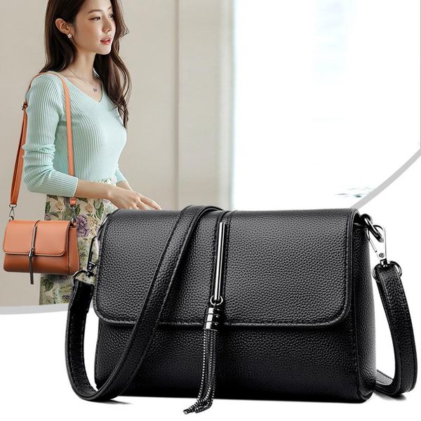 

evening bags tassel design women shoulder bag pu leather handbag black small flap messenger simple solid color crossbody