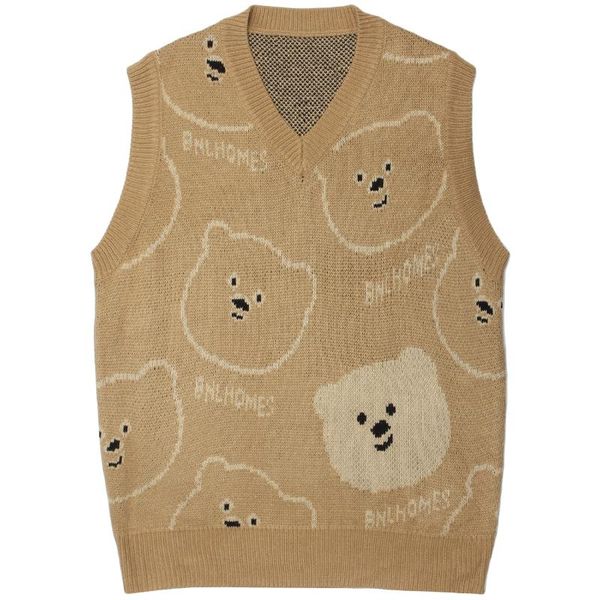 

men's vests men sweater vest streetwear bear full pattern knitted 2021 autumn harajuku casual loose sleeveless, Black;white