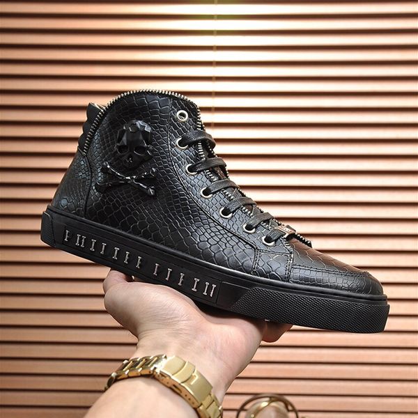 

winter high help quality mens solid casual shoes fashion metal luxury designer shoe runner trainers genuine skeleton genuine leather, Black