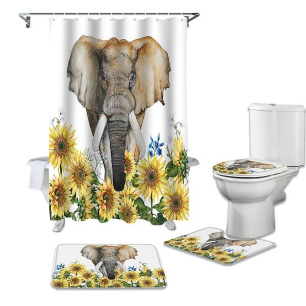 

elephant sunflower flower white shower curtain sets non-slip rugs toilet lid cover and bath mat waterproof bathroom curtains