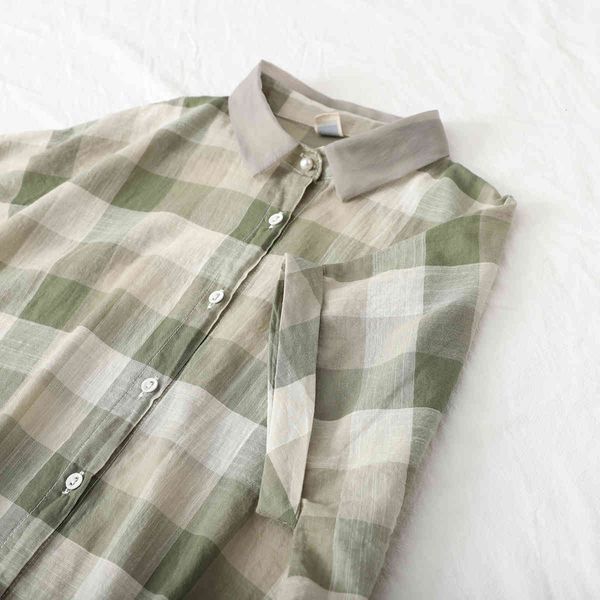 

women's t-shirt lamtrip art boutique linen mint green plaid single breasted short sleeve shirt blouse 2021 summer 4cpb, White