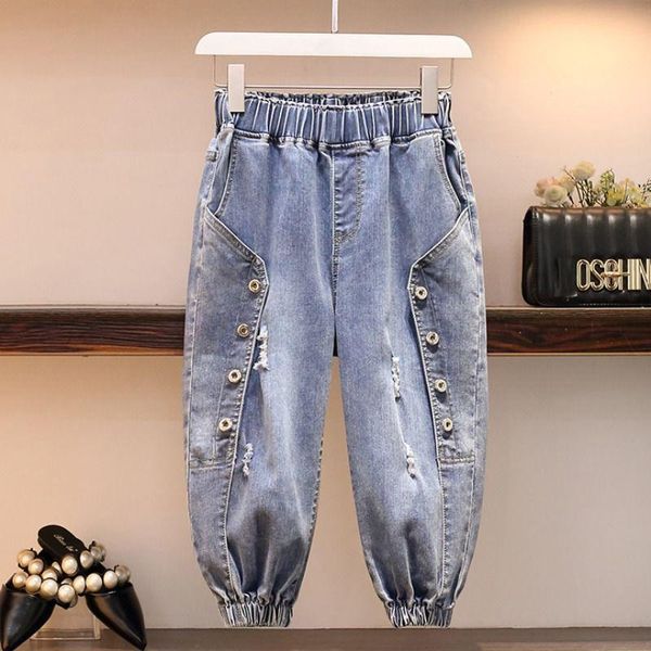 

women's jeans summer fashion women elastic waist loose calf-length denim harem pants button design all-matched casual plus size m85, Blue